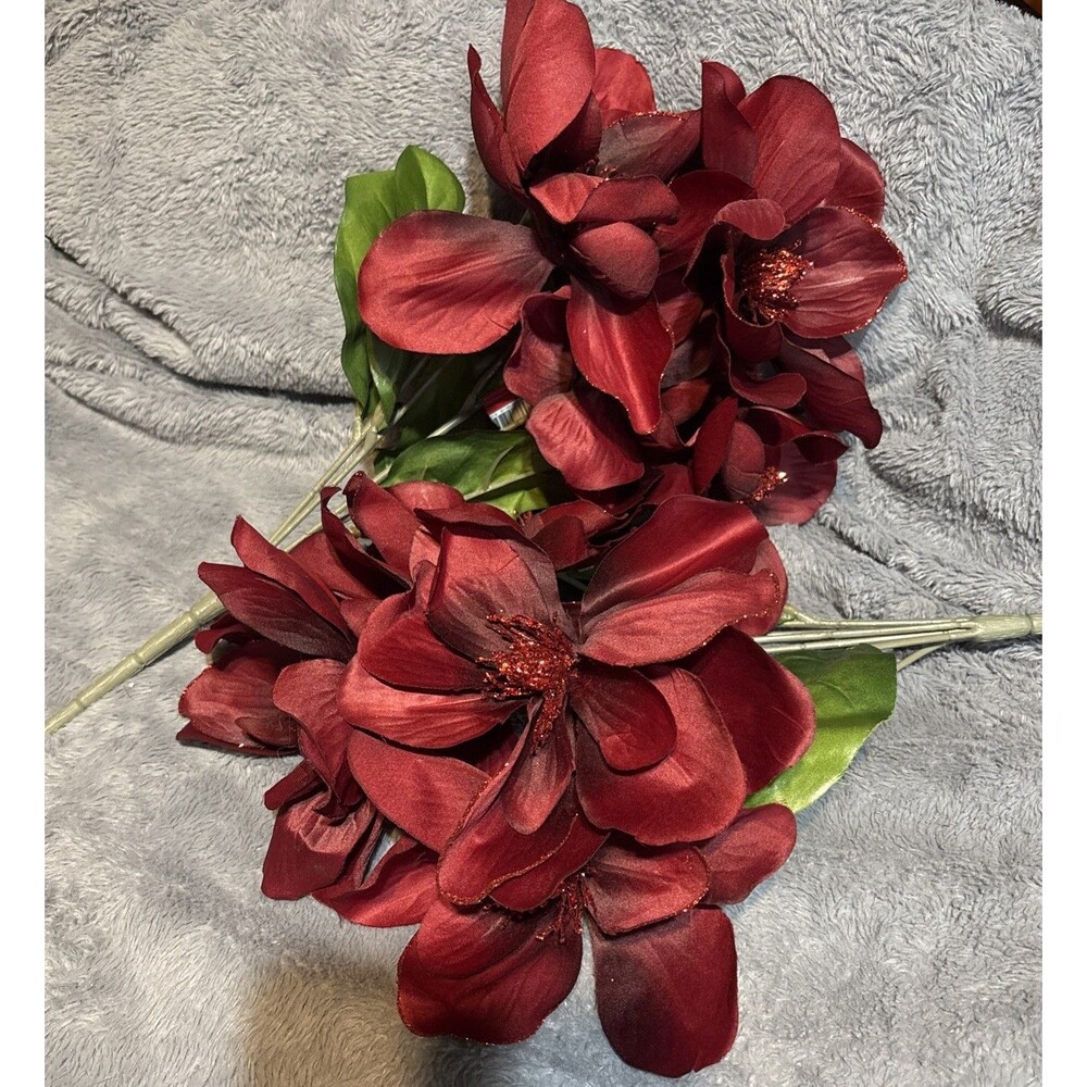 Ashland Christmas Tree Holiday Red Glitter Magnolia Leaf Fake Flowers-3 Stems